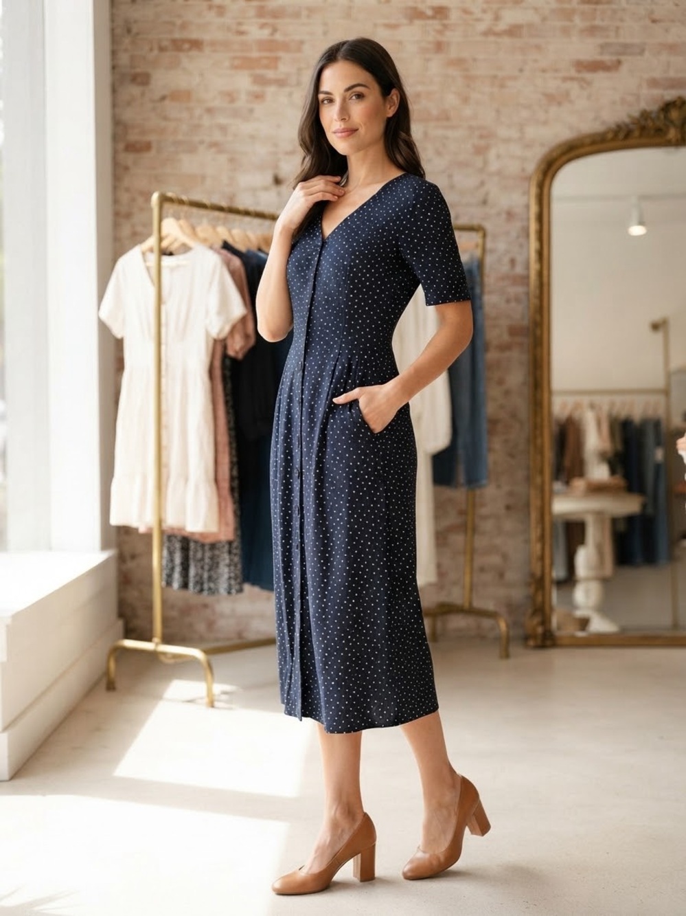 Polka Dot Midi Dress with Button-Front V-Neck
